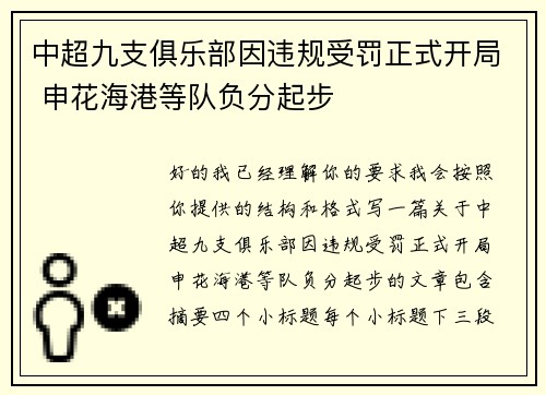 中超九支俱乐部因违规受罚正式开局 申花海港等队负分起步